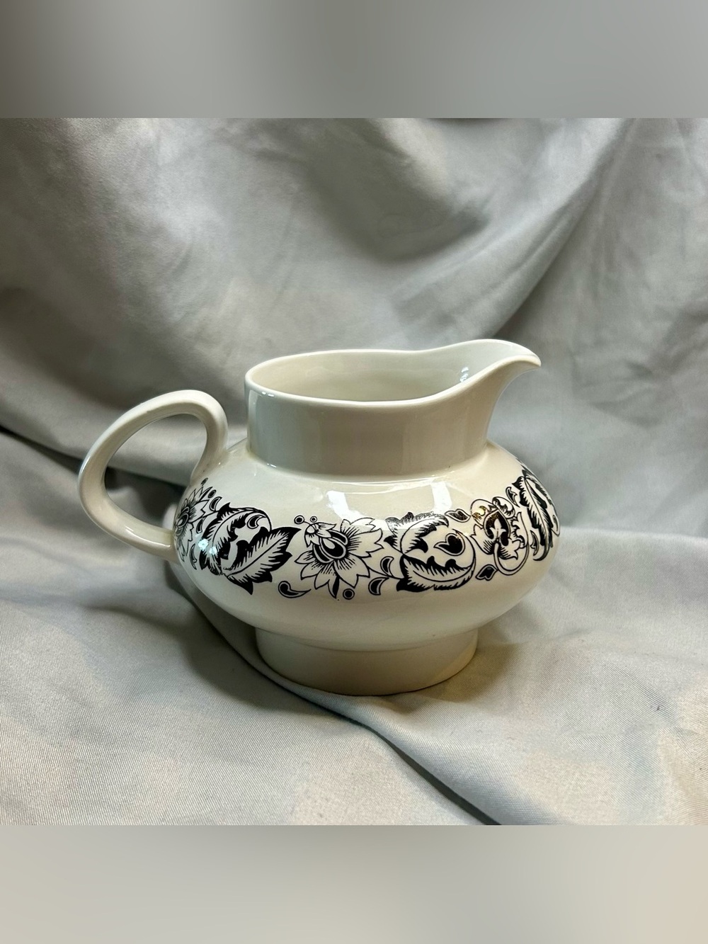 Crown Vintage Cream Pitcher with Black Floral Scroll